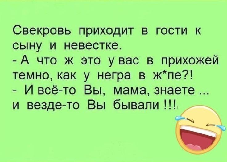 Свекровь приходит в гости к сыну и невестке А что ж это увас в прихожей темно как у негра в жпе И всё то Вы мамазнаете и вездето Вы бывали Ь