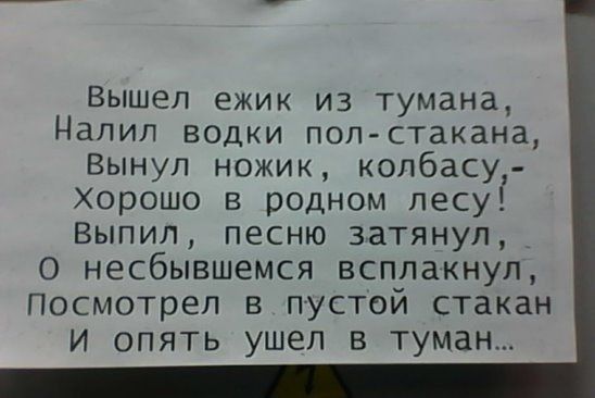Вышел ежик из тумана Налил водки пол стакана Вынул ножик колбасу Хорошо в родном песуЁ Выпил песню затянул_ О несбывшемся всплакнул Посмотрел в пустой стакан И опять ушел в туман