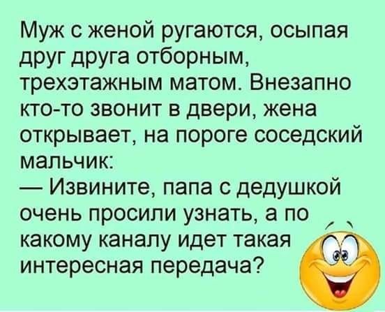 Муж с женой ругаются осыпая друг друга отборным трехэтажным матом Внезапно кто то звонит в двери жена открывает на пороге соседский мальчик Извините папа с дедушкой очень просили узнать а по какому каналу идет такая интересная передача