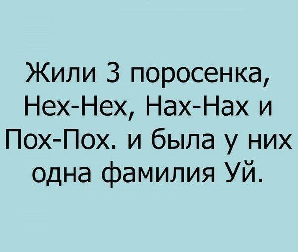Жили 3 поросенка Нех Нех Нах Нах и Пох Пох и была у них одна фамилия Уй
