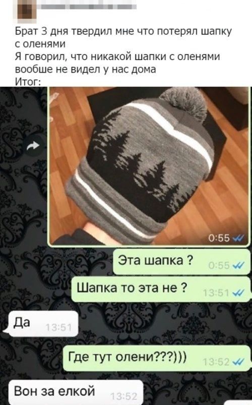 Брат 3 дня твердил мне что потерял шапку оленями Я говорил что никакой шапки с опенями вообще не видел у нас дома Итог Эта шапка Шапка то эта не Где тут опени _