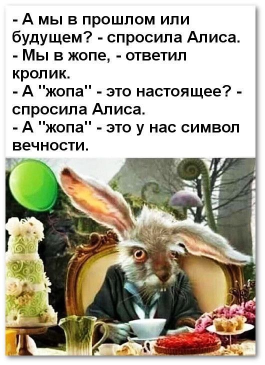 А мы в прошлом или будущем спросила Алиса Мы в жопе ответил кролик А жопа это настоящее спросила Алиса А жопа это у нас символ вечности