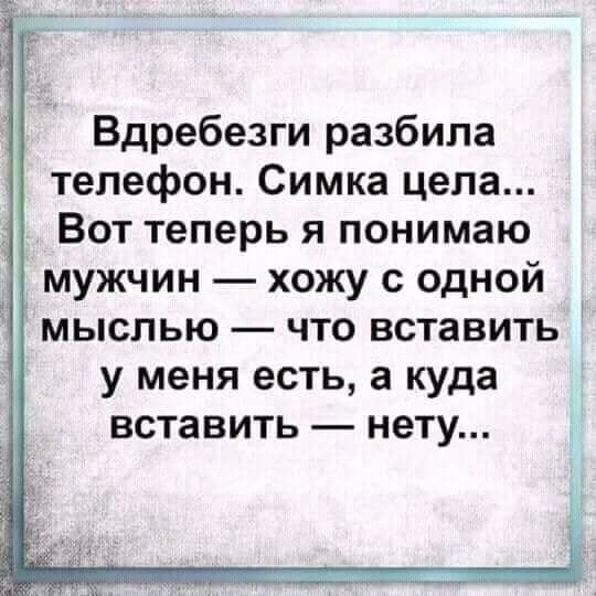 Вдребезги разбила телефон Симка цела Вот теперь я понимаю мужчин хожу с одной мыслью что вставить у меня ЕСТЬ а куда ВСТЗВИТЬ НЕТУ