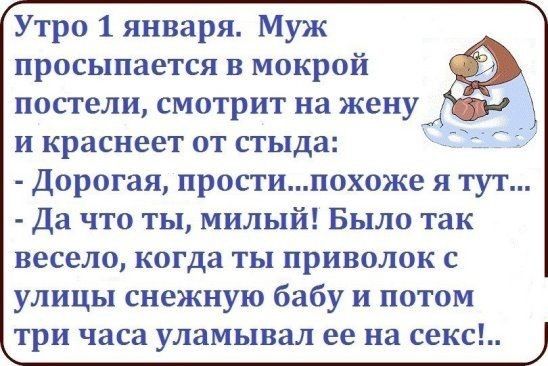 Утро 1 января Муж просыпается в мокрой постели смотрит на жену и и краснеет от стыда Дорогая простипохоже я тут Да что ты милый Было так весело когда ты приволок с улицы снежную бабу и потом три часа уламывал ее на секс