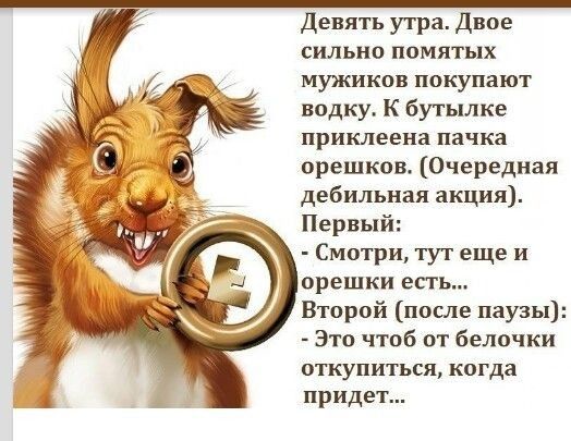 Девять утра Двое сильно помятых мужиков покупают водку к бутылке приклеена пачка орешков Очередная дебильная акция Первый Смотри тут еще и орешки есть Второй после паузы Это чтоб от белочки откупиться когда придет