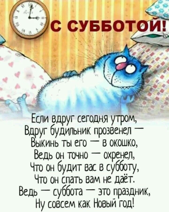 Вдруг будильник прозвенел Вжнь ты его в окошко ь он точно ох чел Чт он будит вас в суеЁботу Чт он спать вам не даёт Ведь _ суббота это праздник Ну совсем как Новый год