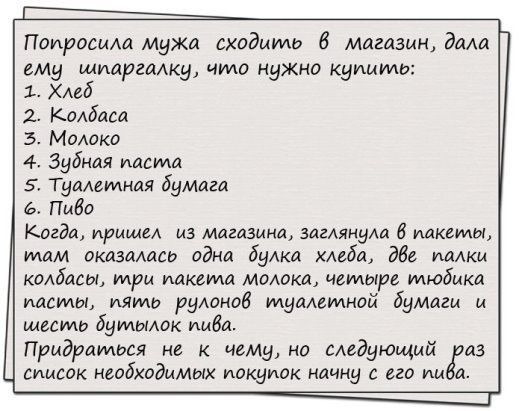 Попросиш мужа сходилид 6 магазин дали ему щиаргмку чило нужно купити 1 Хлеб 2 Колбаса Ъ Молоко 4 Зубная паста 5 Туалетная бумага ПиЕа Когда ирищеА из магазина алгщими 6 штаты там оказмдсп одна булка хлеба дбе палки колбасы три пакета мамка четыре тюбика апсиды ИЯИ угуханов туадемной бумаги и шесть бутылок имба Придраться не чему на следующий аз симок необходимых покупок начну с его МВС