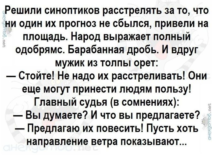 Решили синоптиков расстрелять за то что ни один их прогноз не сбылся привели на площадь Народ выражает полный одобрямс Барабанная дробь И вдруг мужик из толпы орет Стойте Не надо их расстреливать Они еще могут принести людям пользу Главный судья в сомнениях Вы думаете И что вы предлагаете Предлагаю их повесить Пусть хоть направление ветра показывают