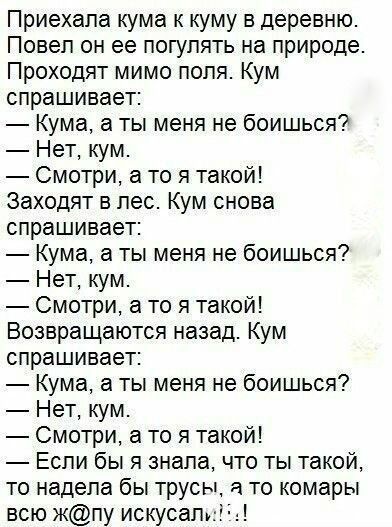 Приехапа кума к куму в деревню Повеп он ее погулять на природе Проходят мимо попя Кум спрашивает Кума а ты меня не боишься Нет кум Смотри а то я такой Заходят в лес Кум снова спрашивает Кума а ты меня не боишься Нет кум Смотри а то я такой Возвращаются назад Кум спрашивает Кума а ты меня не боишься Нет кум Смотри а то я такой Если бы я зналачто ты такой то надепа бы трусы а то комары всю кпу искус