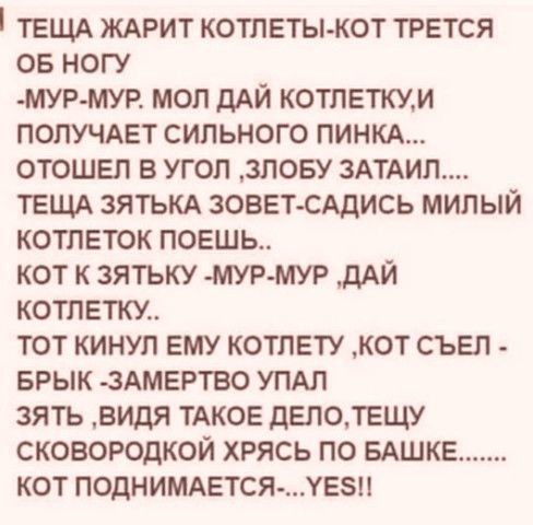 ТЕЪЦА ЖАРИТ КОТЛЕТЫ КОТ ТРЕТСЯ ОБ НОГУ МУРМУР МОП дАЙ КОТЛЕТКУМ ПОПУЧАЕТ СИЛЬНОГО ПИНКА ОТОШЕП В УГОЛ ЗПОБУ 3АТАИП ТЕЦА ЗЯТЬКА ЗОВЕТ САДИСЬ МИПЫЙ КОТЛЕТОК ПОЕШЬ КОТ К ЗЯТЬКУ МУР МУР ДАЙ КОТПЕТКУ ТОТ КИНУЛ ЕМУ КОТЛЕТУ КОТ СЪЕЛ БРЫК ЗАМЕРТВО УПАЛ ЗЯТЬ ВИДЯ ТАКОЕ ДЕПОТЕЩУ СКОВОРОДКОЙ ХРЯСЬ ПО БАШКЕ КОТ ПОДНИМАЕТСЯ ХЕЗП
