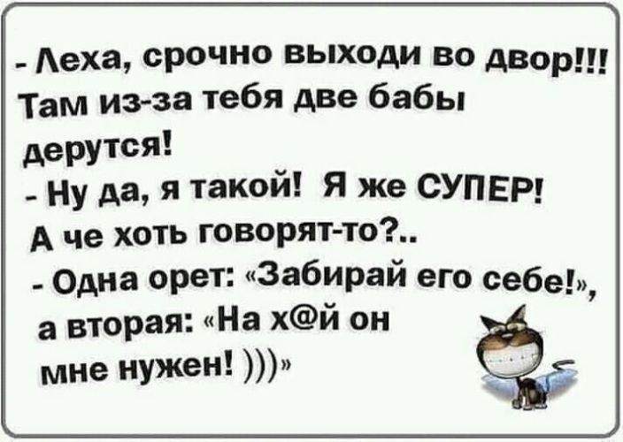 еха срочно выходи во двор Там иа за тебя две бабы дерутся _ ну да я такой Я же СУПЕР А че хоть говорят то одна орет Забирай его себе а вторая На хй он мне нужен