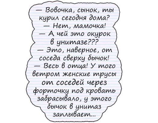 Бабочка сынок мы кури сегодня домд Нем мамочка А чей это окурок 6 униишве Это наверное ом соседа сберху бычок Весэ 6 отца У того ветром женские трусы тм соседей через форточку под крабами забрасыбмо у этого бычок унииплз замыбаепм