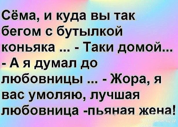 Сёма и куда вы так бегом с бутылкой коньяка Таки домой А я думал до любовницы Жора я вас умоляю лучшая любовница пьяная жена