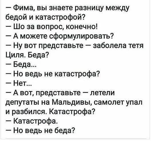 Фима вы знаете разницу между бедой и катастрофой Шо за вопрос конечно А можете сформулировать Ну вот представьте заболела тетя Циля Беда Беда Но ведь не катастрофа Нет А вот представьте летели депутаты на Мальдивы самолет упал и разбился Катастрофа Катастрофа Но ведь не беда
