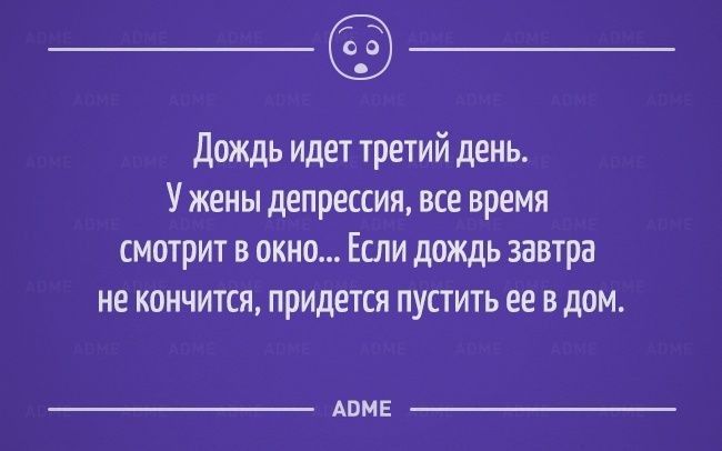 Дождь идет третий день У жены депрессия все время смотрит в окно Если дождь завтра не кончится придется пустить ее в дом АВМЕ