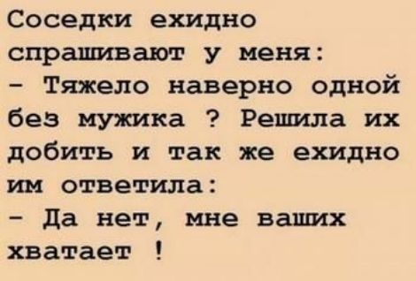 Соседки ехидно спрашивают у меня Тяжело наверно одной без мужика Решила их добить и так же ехидно им ответила да нет мне ваших хватает