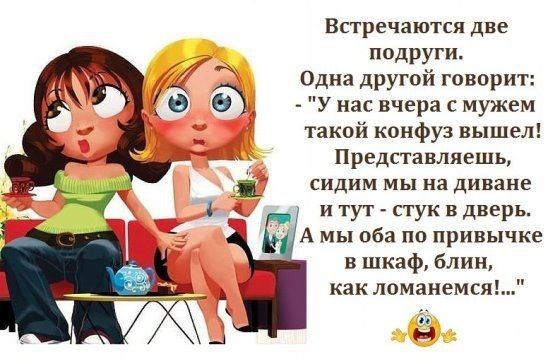 Встречаются две подруги Одна другой говорит У нас вчера с мужем такой конфуз вышел Представляешь сидим мына диване и тут стук в дверь А мы оба по привычке в шкаф блин как ломанемся
