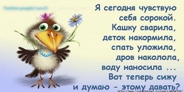 Я сегодня чувствую себя сорокой Кашку сварила деток накормила спать уложила дров наколола воду наносила Вот теперь сижу и думаю втомудавать