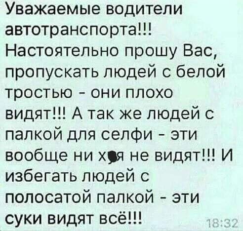 Уважаемые водители автотранспорта Настоятельно прошу Вас пропускать людей с белой тростью они плохо видят А так же людей с папкой для селфи эти вообще ни хр не видят И избегать людей с полосатой палкой эти суки видят всё