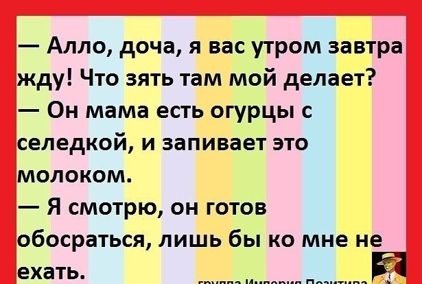 Алло доча я вас утром завтра жду Что зять там мой делает Он мама есть огурцы с селедкой и запивает это молоком Я смотрю он готов обосраться лишь бы ко мне не ехать