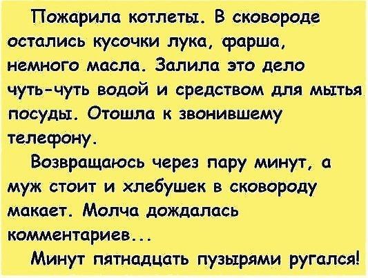 Пожарила котлеты В сковороде остались кусочки лука фарша немного масла Залила это дело чуть чуть водой и средством для мытья посуды Отошла к звонившему телефону Возвращаюсь через пару минут а муж стоит и хлебушек в сковороду макает Молча дождалась комментариев _ Минут пятнадцать пузырями ругался