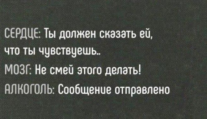 СЕРДЦЕ Ты должен сказать ей что ты чувствуешь МОЗГ Не смей этого делать ПЛНОГОЛЬ Сообщение отправлено