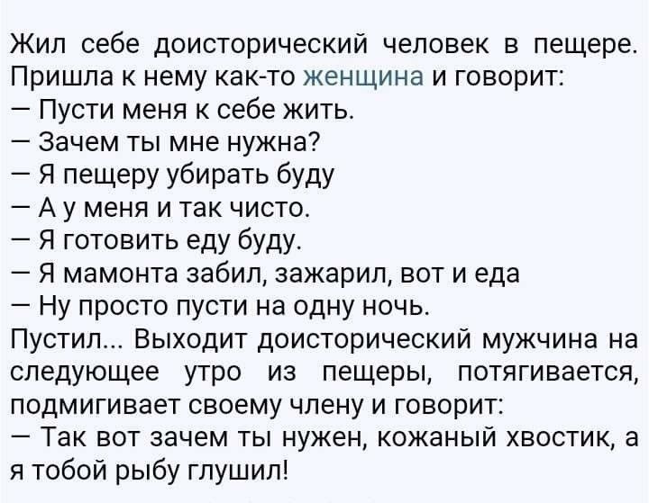 Жил себе доисторический человек в пещере Пришла к нему как то женщина и говорит Пусти меня к себе жить Зачем ты мне нужна Я пещеру убирать буду А у меня и так чисто Я готовить еду буду Я мамонта забил зажарил вот и еда Ну просто пусти на одну ночь Пустил Выходит доисторический мужчина на следующее утро из пещеры потягивается подмигивает своему члену и говорит Так вот зачем ты нужен кожаный хвостик