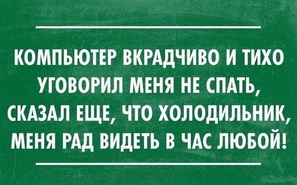 КОМПЬЮТЕР ВКРАДЧИВО И ТИХО УГОВОРИЛ МЕНЯ НЕ СПАТЬ СКАЗАЛ ЕЩЕ ЧТО ХОЛОДИЛЬНИК МЕНЯ РАД ВИДЕТЬ В ЧАС ЛЮБОЙ