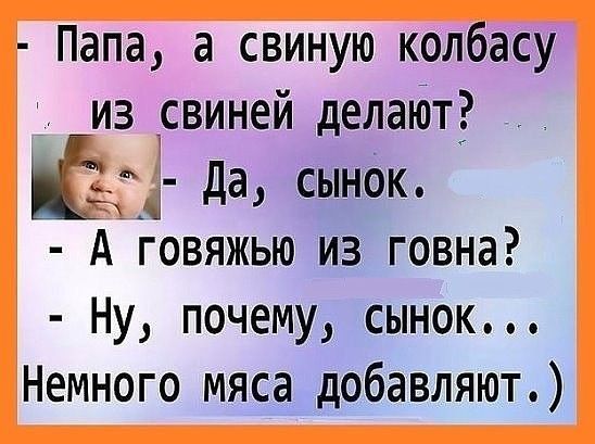 Папа а свиную колбасу из виней делаЮт Ёж да сынок А говяжью из говна Ну почему сынок Немного мяса добавляют
