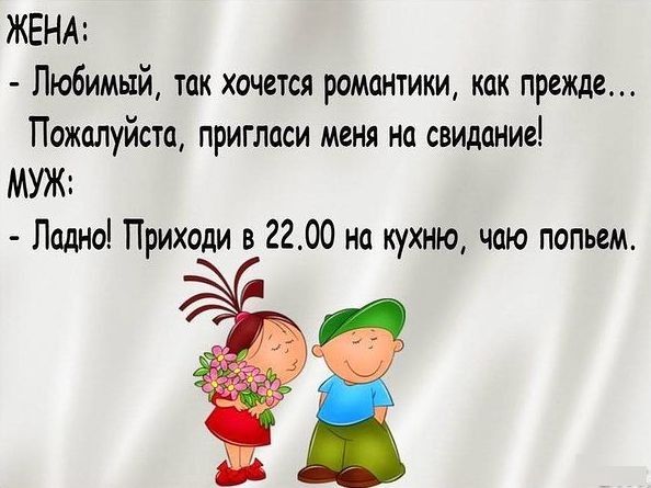 ЖЕНА Любимый так хочется романтики как прежде Пожалуйста пригласи меня на свидание МУЖ Ладно Приходи в 2200 на кухню чаю попьем