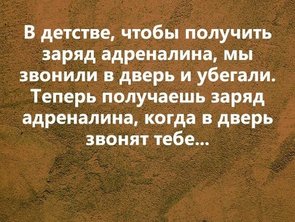 В детстве чтобы получить заряд адреналина мы звонили в дверь и убегали Теперь получаешь заряд адреналина когда в дверь звонят тебе
