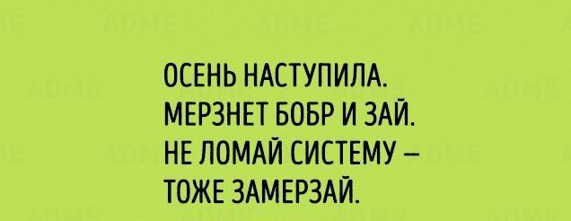 ОСЕНЬ НАСТУПИЛА МЕРЗНЕТ БОБР И ЗАЙ НЕ ЛОМАЙ СИСТЕМУ ТОЖЕ ЗАМЕРЗАЙ