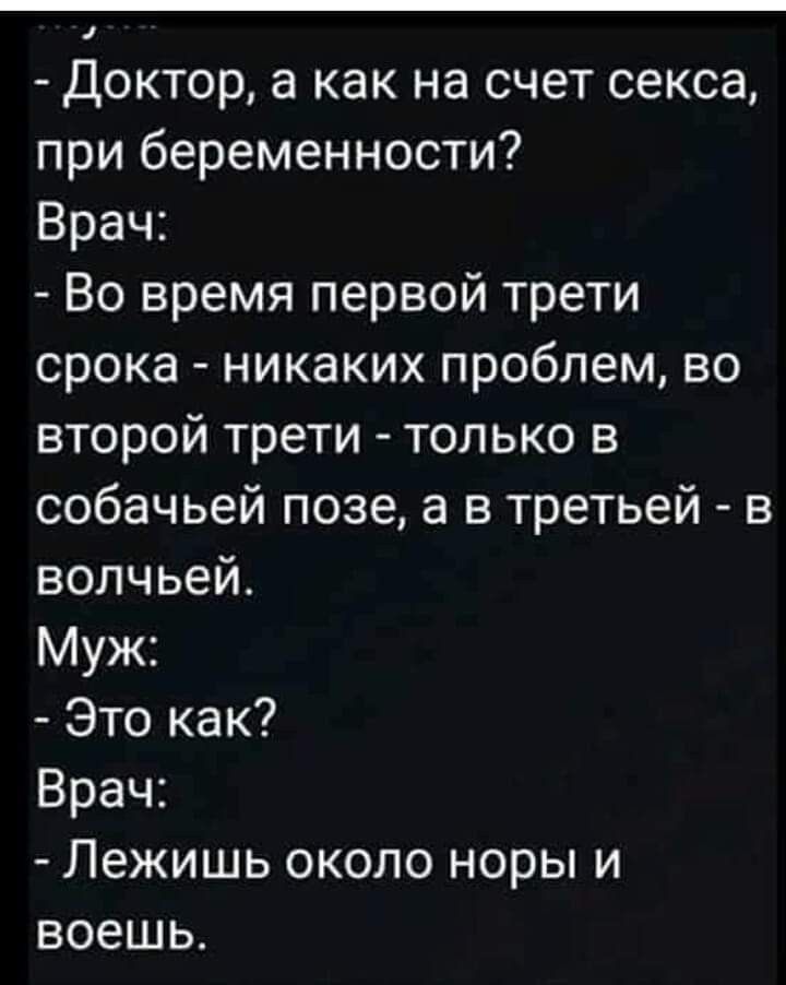Доктор а как на счет секса при беременности Врач Во время первой трети срока никаких проблем во второй трети только в собачьей позе а в третьей в волчьей Муж Это как Врач Лежишь около норы и воешь