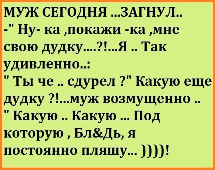 МУЖ СЕГОДНЯ ЗАГНУЛ Ну ка покажи ка мне свою дудкуЯ Так удивленно ТЫ че сдурел Какую еще дудку муж возмущенно Какую Какую Под которую БлДь я постоянно пляшу