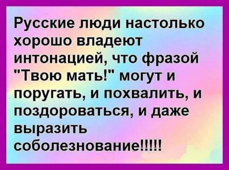 Русские люди настолько хорошо владеют интонацией что фразой Твою мать могут и поругать и похвалить и поздороваться и даже выразить соболезнование
