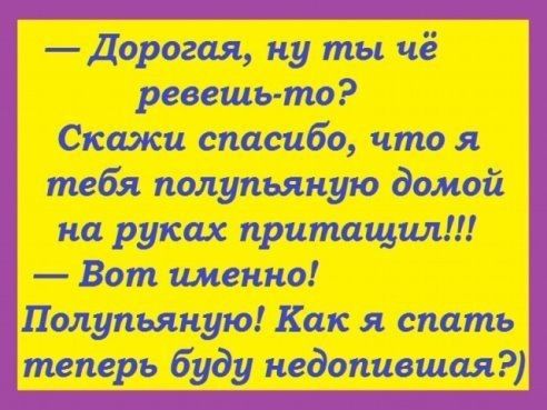 Дорогая ну ты чё ревешь то Скажи спасибо что я тебя полупьяную домой на руках притащил Вот именно Полупьяную Как я спать теперь буду недопившая