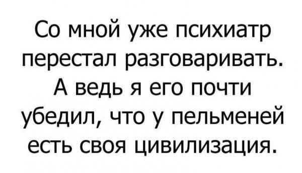 Со мной уже психиатр пересгап разговаривать А ведь я его почти убедил что у пельменей есгь своя цивилизация