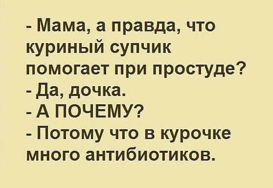 Мама а правда что куриный супчик помогает при простуде Да дочка А ПОЧЕМУ Потому что в курочке много антибиотиков