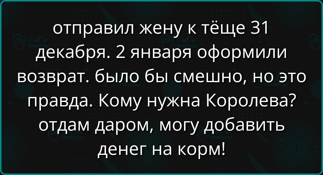 отправил жену к тёще 31 декабря 2 января оформили возврат было бы смешно но это правда Кому нужна Королева отдам даром могу добавить денег на корм