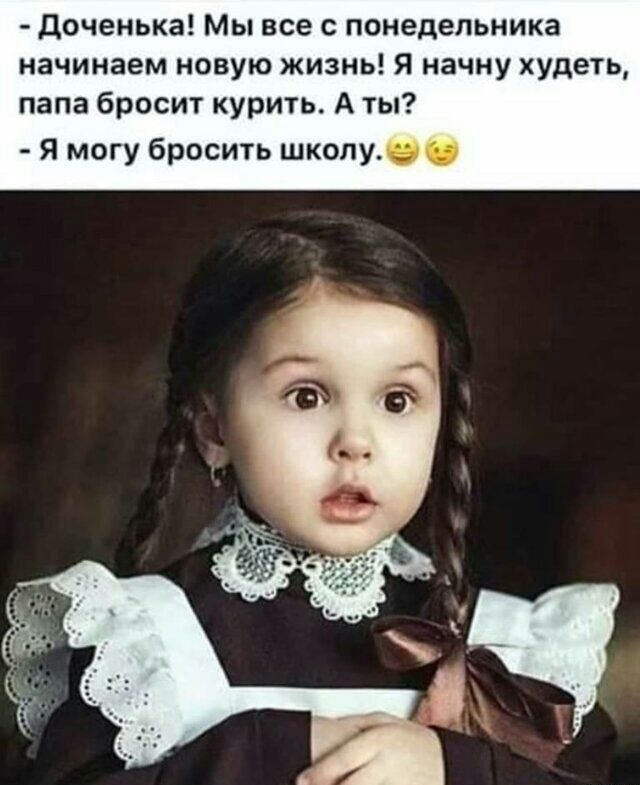 доченька Мы все с понедельника начинаем новую жизнь Я начну худеть папа бросит курить А ты Я могу бросить школу