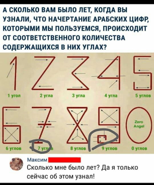 А СКОЛЬКО ВАМ БЫЛО ЛЕТ КОГДА ВЫ УЗНАЛИ ЧТО НАЧЕРТАНИЕ АРАБСКИХ ЦИФР КОТОРЫМИ МЫ ПОПЬЗУЕМСЯ ПРОИСХОДИТ ОТ СООТВЕТСТВЕННОГО КОЛИЧЕСТВА СОДЕРЖАЩИХСЯ В НИХ УГЛАХ Максим Скопько мне было нет Да я только сейчас об этом узнал