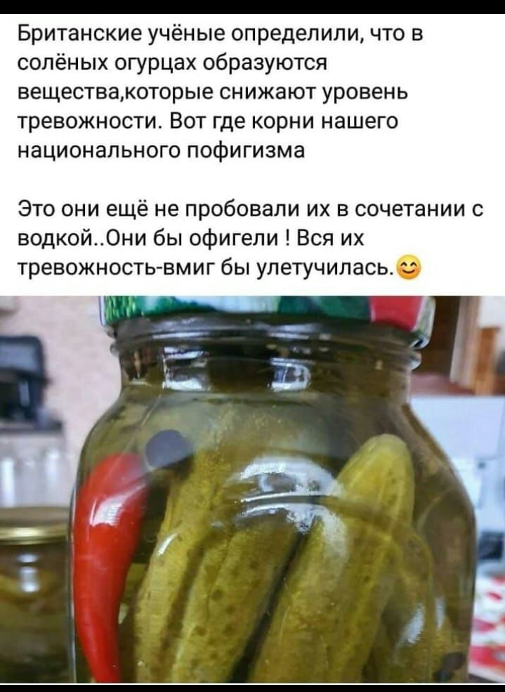 Британские учёные определили что в солёных огурцах образуются веществакоторые снижают уровень тревожности Вот где корни нашего национального пофигизма Это они ещё не пробовали их в сочетании с водкой0ни бы офигели Вся их тревожность вмиг бы улетучилась