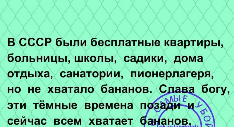 В СССР были бесплатные квартиры больницы школы садики дома отдыха санатории пионерлагеря но не хватало бананов С богу ЫЕ ЭТИ Темные времена пб анд5_ сейчас всем хватает