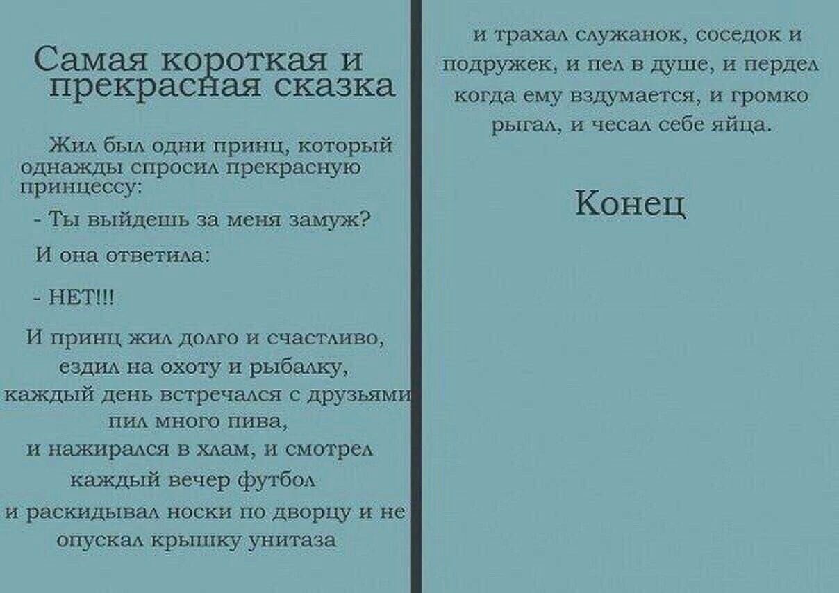Самая коёоткая И прекрас ая сказка ЖИА был одни принц который однажды спросшх прекрасную принцессу Ты выйдешь за меня замуж И она ответуха НЕТ И принц жш додго и счастдиво ездил на охоту и рыбешку каждый день встречаюя с друзьям пид много пива и нажирадся в хлам и смотри каждый вечер футб и раскидываА носки по дворцу и не опускаА крышку унитаза и трахал САужанок соседок и подружек и под в душе и п