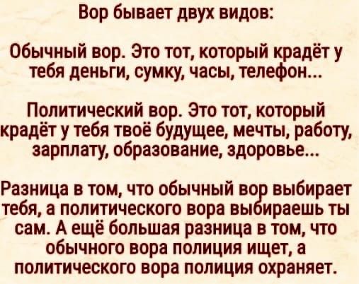 Вор бывает двух видов Обычный вор Это тот который крадёт у тебя деньги сумку часы телефон Политический вор Это тот который крадёт у тебя твоё будущее мечты работу зарплату образование здоровье Разница в том что обычный во выбирает тебя а политического вора вы ираешь ты сам А ещё большая разница в том что обычного вора полиция ищет а политического вора полиция охраняет