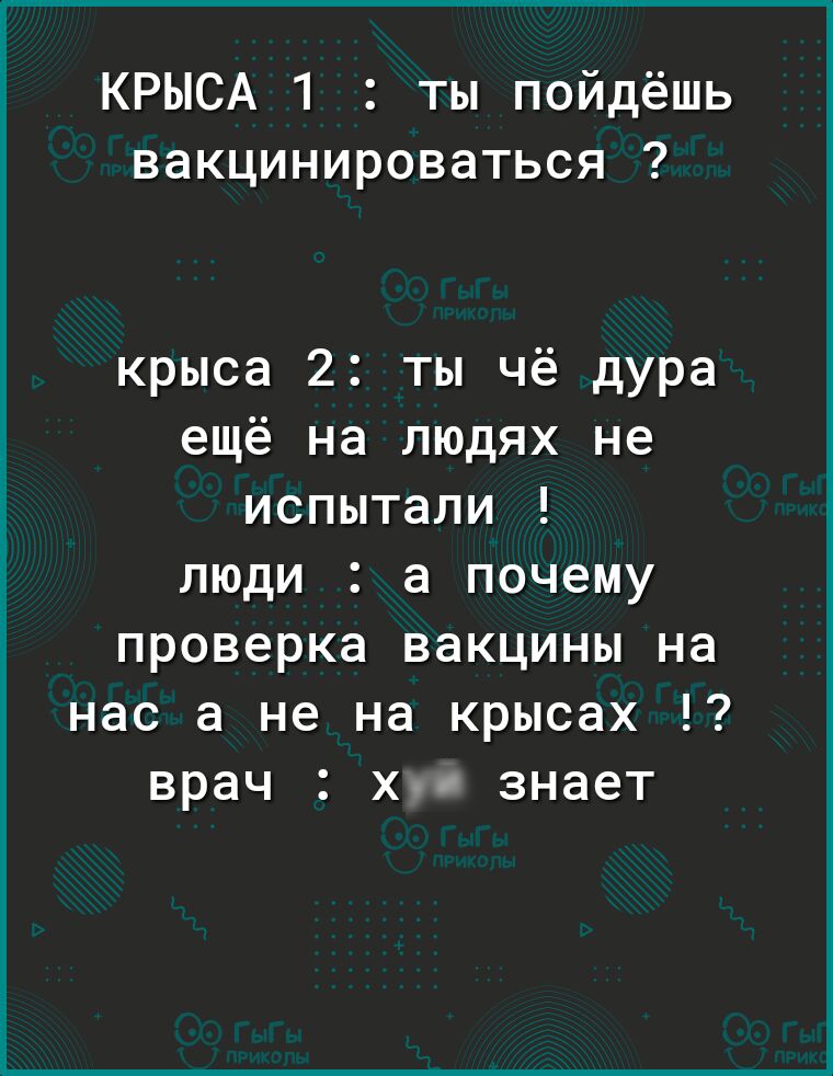КРЫСА 1 ты пойдёшь вакцинироваться крыса 2 ты чё дура ещё на людях не испытали люди а почему проверка вакцины на нас а не на крысах врач х знает