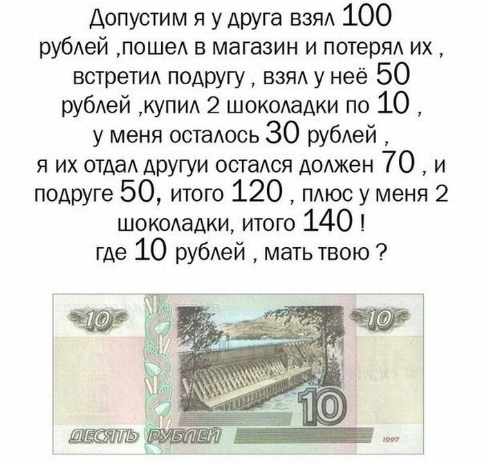 Допустим я у друга взял 100 рубтей пошед в магазин и потеряд их встретил подругу взял у неё 50 рубей купид 2 шоколадки по 10 у меня остаюсь 30 рубей я их оша другуи остаюя домен 70 и подруге 50 итого 120 пдюс у меня 2 шокодадки итого 140 где 10 рубей мать твою