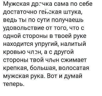 Мужская дргчка сама по себе достаточно геиская штука ведь ты по сути получаешь удовольствие от того что с одной стороны в твоей руке находится упругий налитый кровью чпзн а с другой стороны твой ЧЛсЕН сжимает крепкая большая волосатая мужская рука Вот и думай теперь