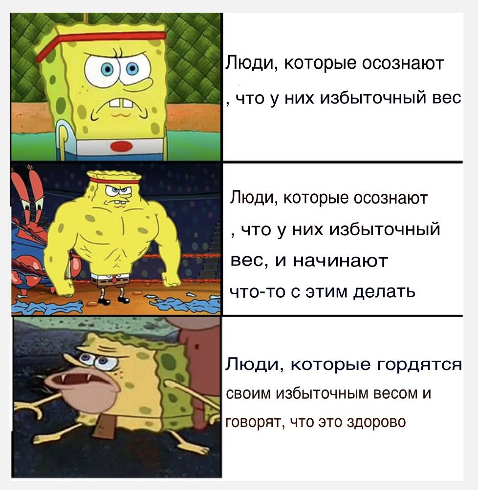 Люди которые осознают что у них избыточный вес Люди которые осознают что у них избыточный вес и начинают ЧТО ТО С ЭТИМ делать Люди которые гордятся Т своим избыточным весом и говорят что это здорово