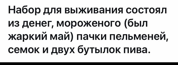 Набор для выживания состоял из денег мороженого был жаркий май пачки пельменей семок и двух бутылок пива